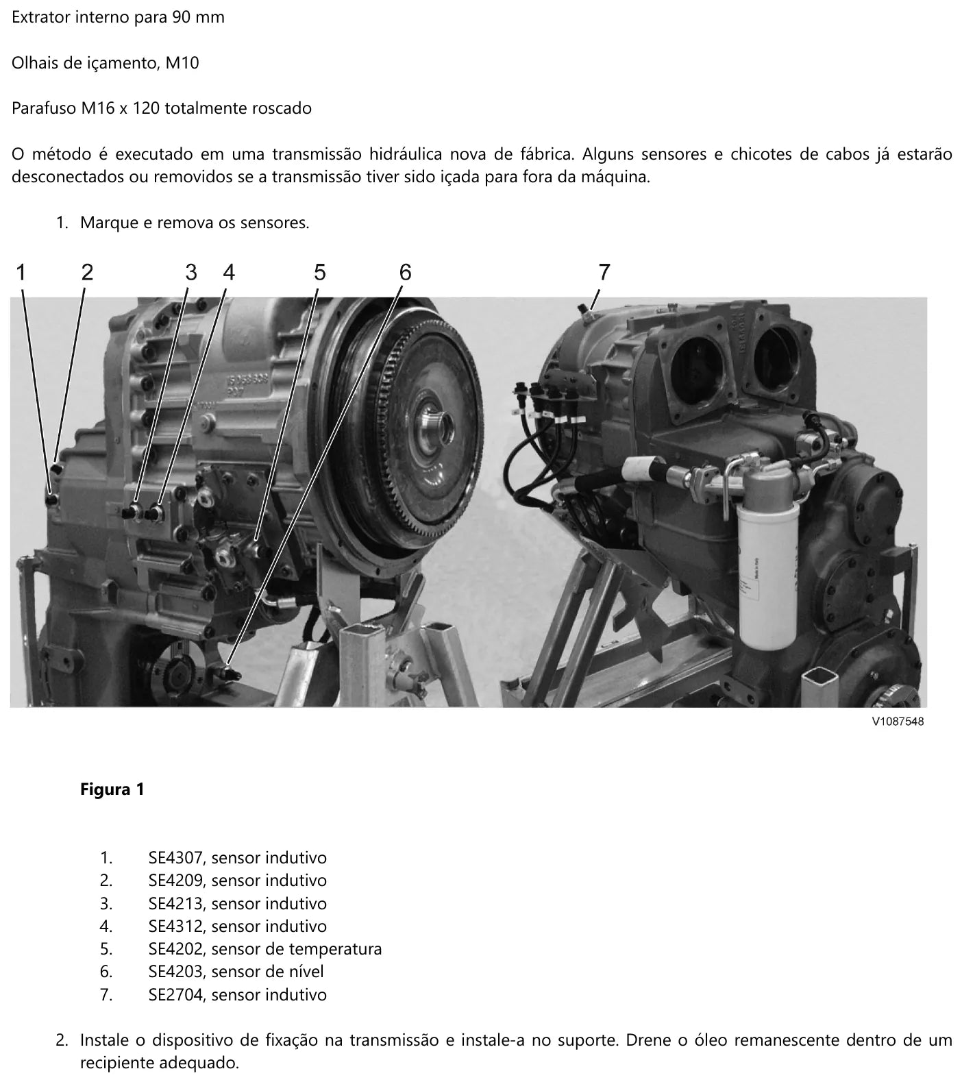 Mapa dos sensores da transmissão Volvo HTL222C na desmontagem: indutivos SE4307, SE4209, SE4213, SE4312 e SE2704, sensor de temperatura SE4202 e sensor de nível SE4203