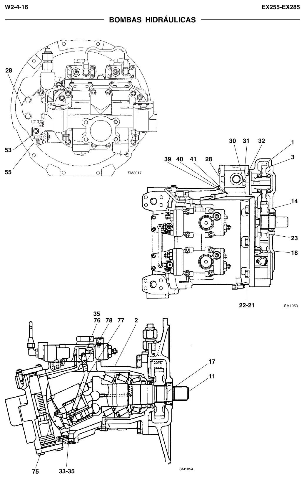 Página do Manual de Serviço Fiat Kobelco EX255-EX285 com detalhes de montagem e valores de ajuste