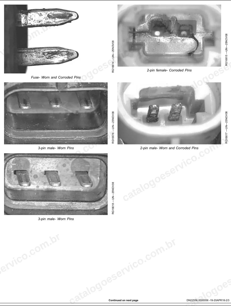 Exemplos de pinos de conector gastos e corroídos no chicote do motor 4045-6068