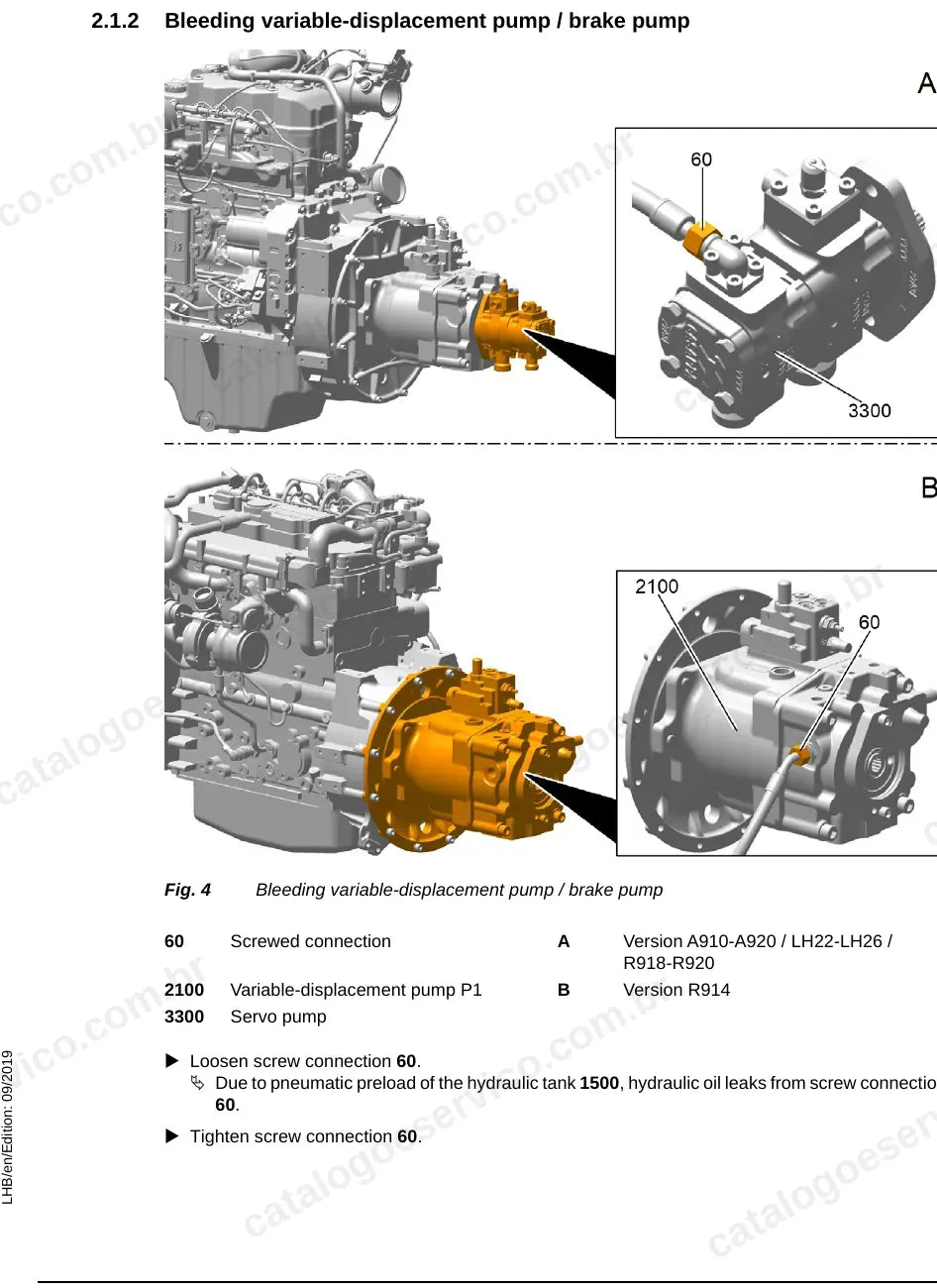 Sangria da bomba de deslocamento variável e da bomba de freio da A910-A918 Compact