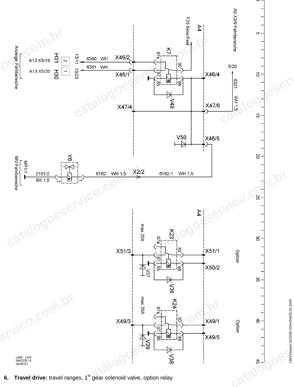 Esquema do circuito elétrico da translação com faixas de velocidade e solenoide da 1ª marcha