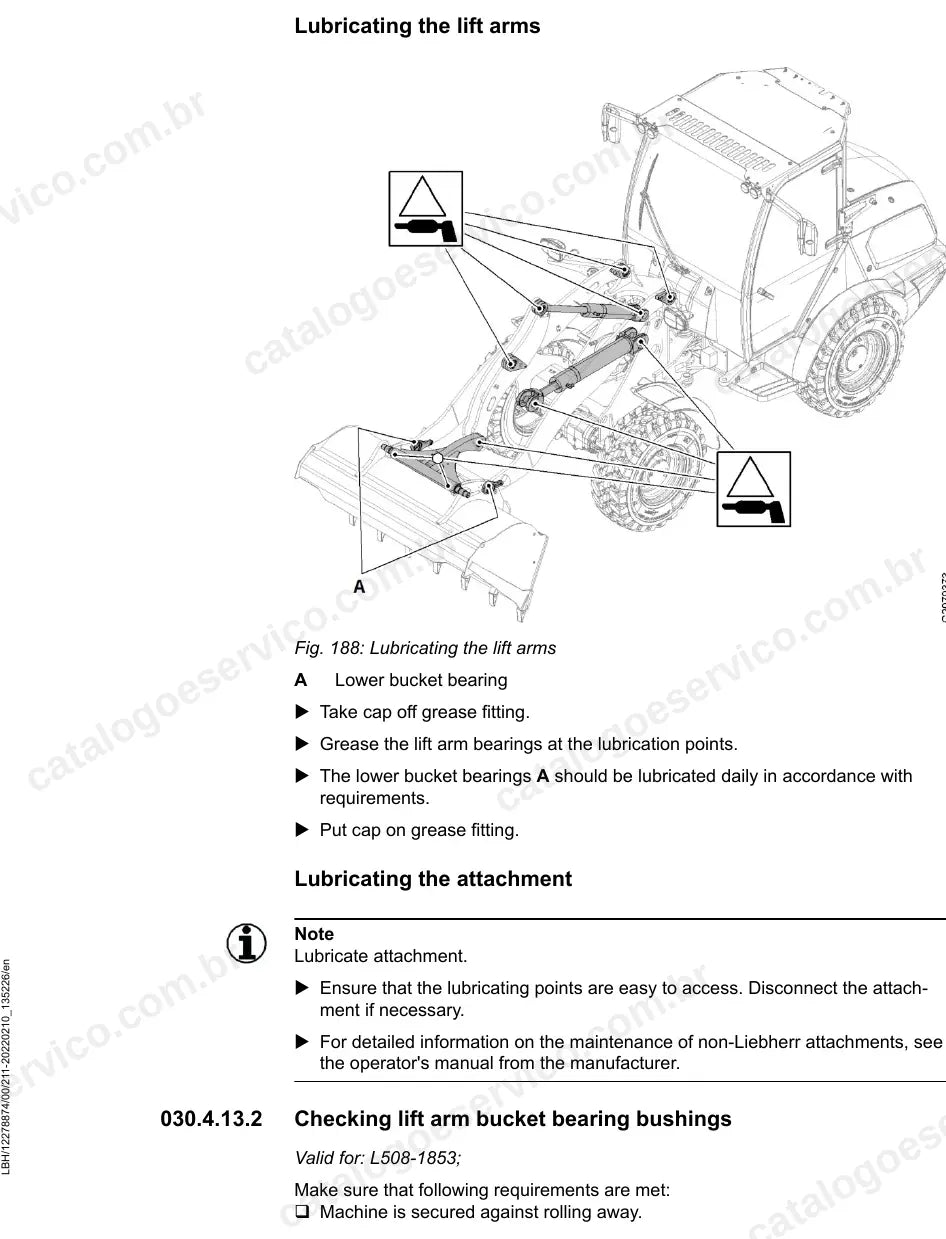 Pontos de lubrificação dos braços de elevação da L508-1853