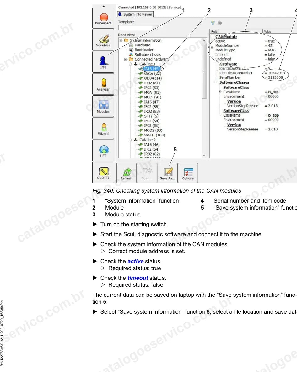Tela do software Sculi com as informações dos módulos CAN da L550-1825