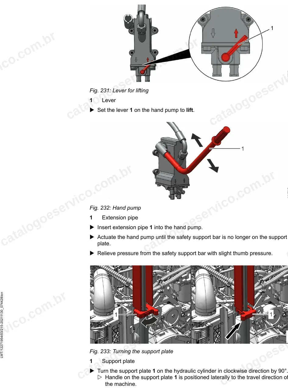 Bomba manual e placa de apoio no basculamento hidráulico da cabine da LR 636-1725