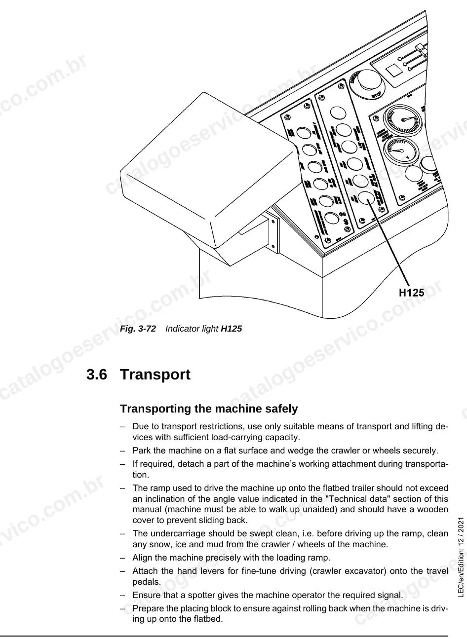 Luz indicadora H125 e instruções de transporte seguro da P 9350