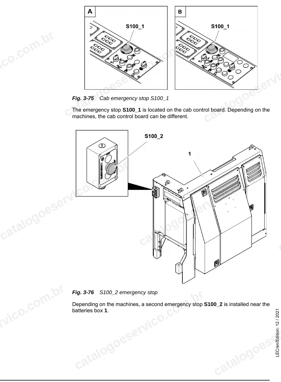Localização das paradas de emergência da escavadeira Liebherr R 9100
