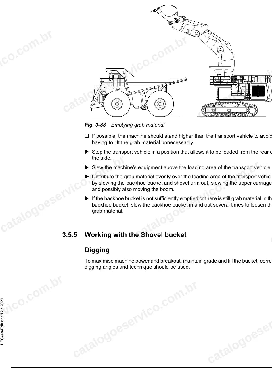 Forma de descarga de material da caçamba sobre o caminhão com a R 9200