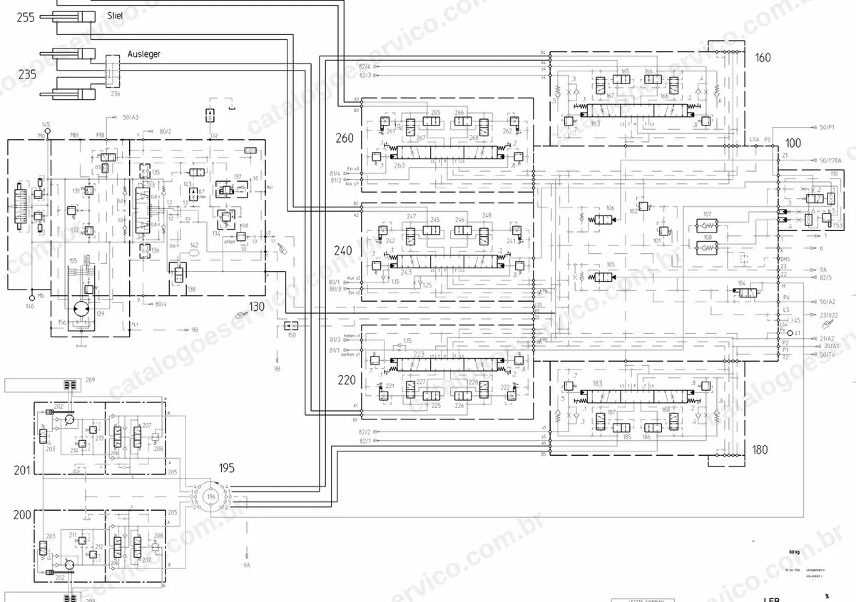 Diagrama hidráulico dos blocos de comando e cilindros de lança, braço e caçamba da R924 Compact