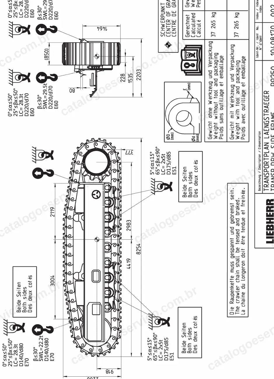 Desenho de transporte da R 9250 com pontos de içamento
