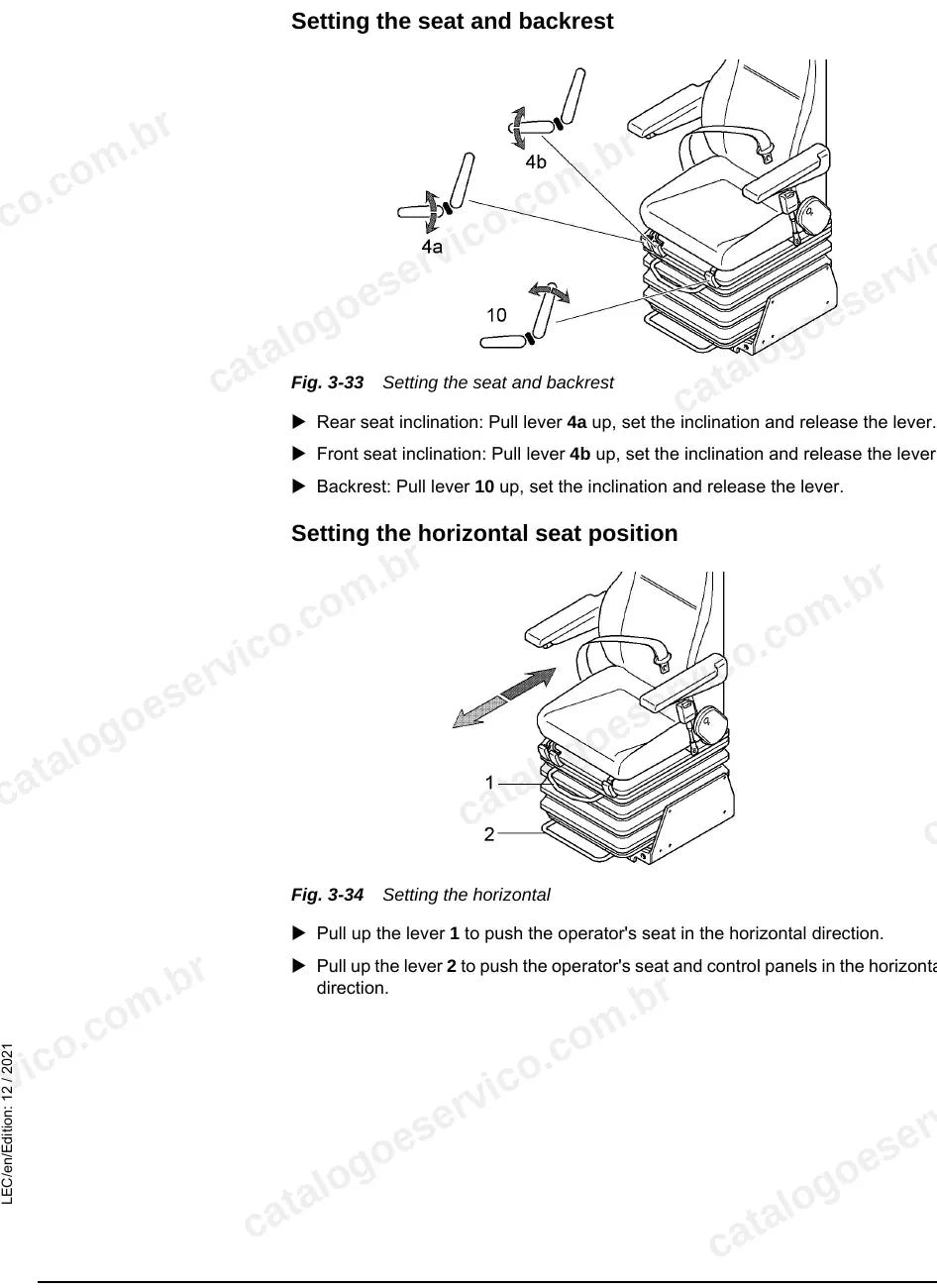 Ajuste do assento e do encosto do operador da R 9250 E