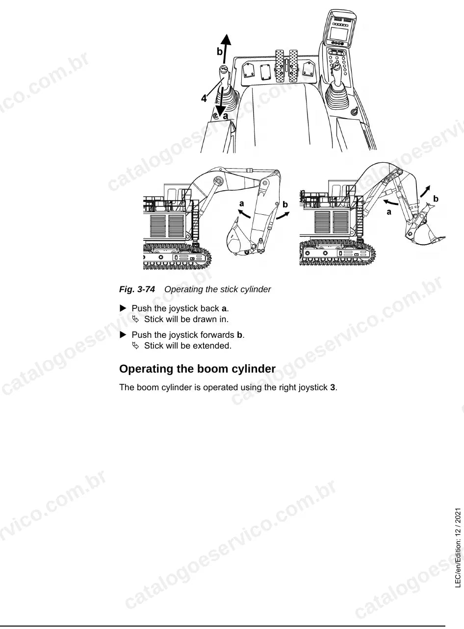 Acionamento dos cilindros do braço e da lança pelos joysticks da R 9350