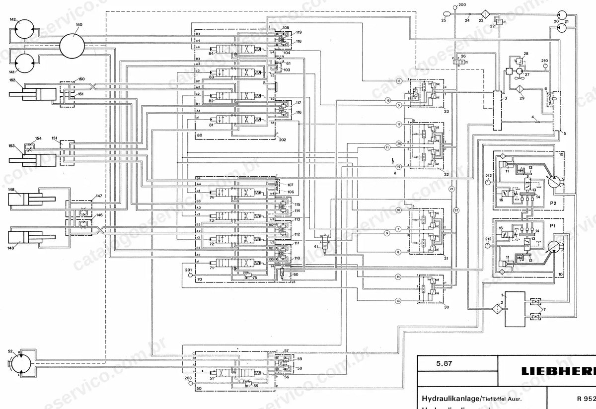 Esquema hidráulico da R 952 com equipamento retro (backhoe)