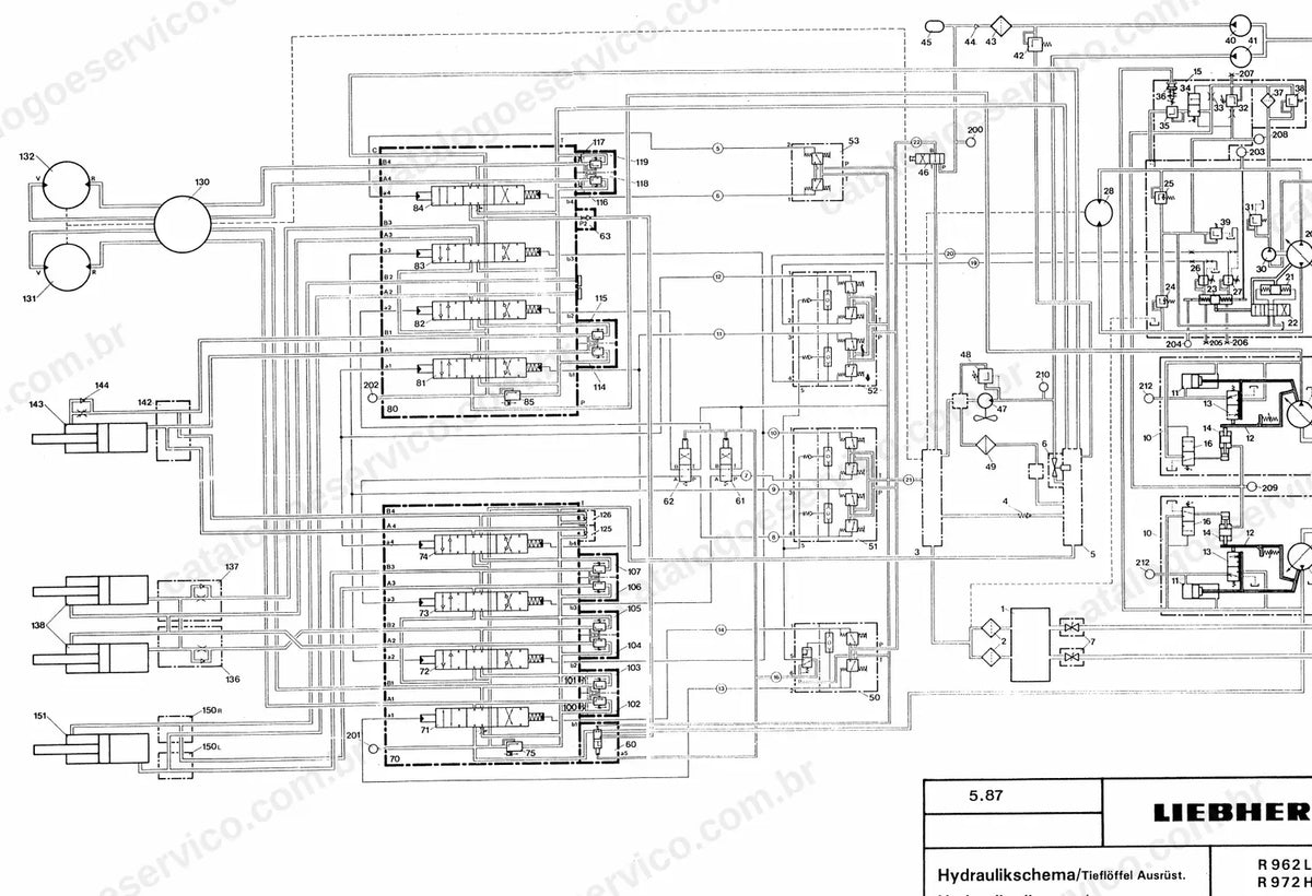 Esquema hidráulico das R 962 e R 972 com equipamento retro (backhoe)
