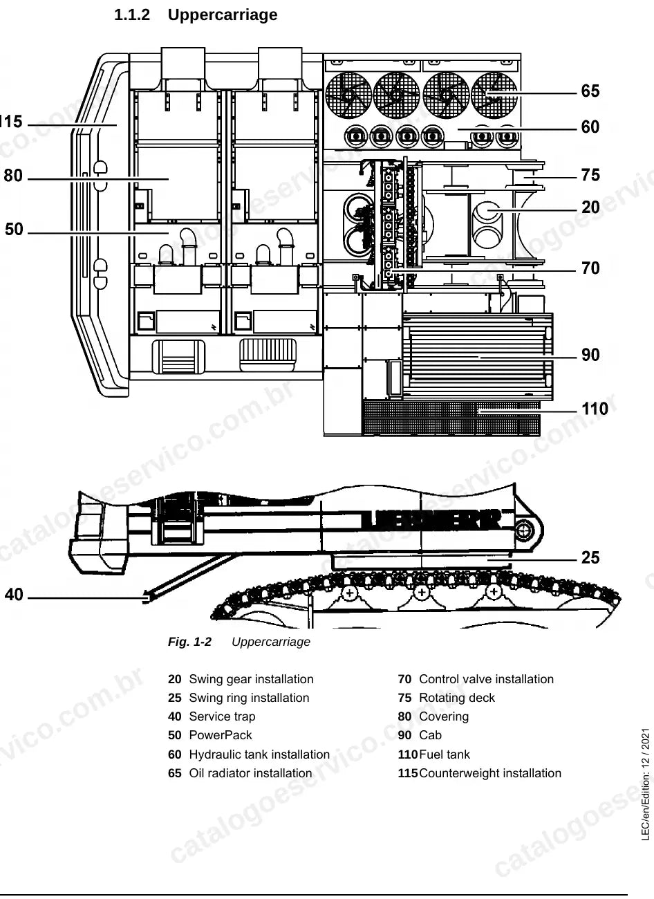 Vista geral da superestrutura da R996B com PowerPack, coroa de giro, tanques e cabine