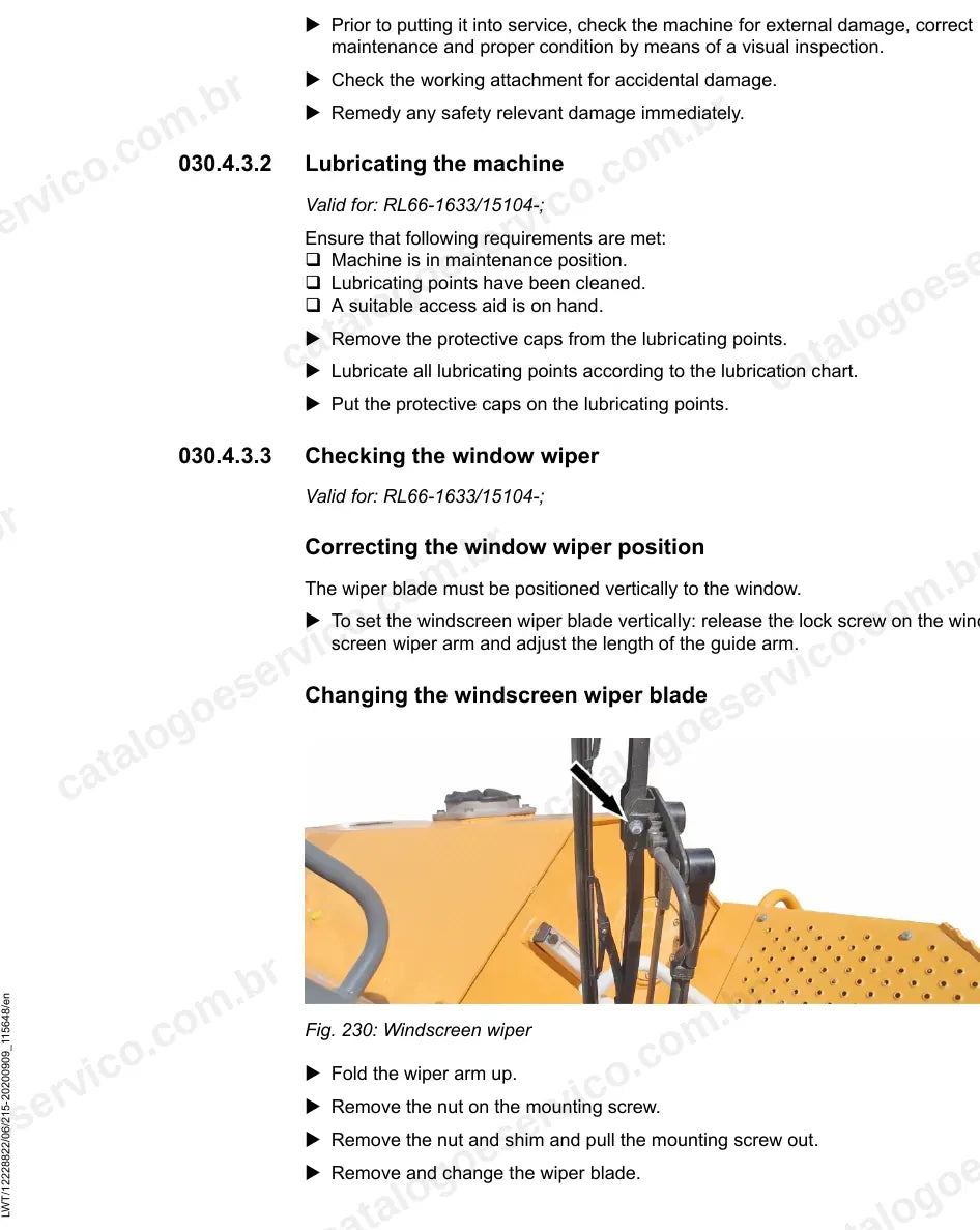 Lubrificação da máquina e verificação do limpador de para-brisa do RL 66-1633