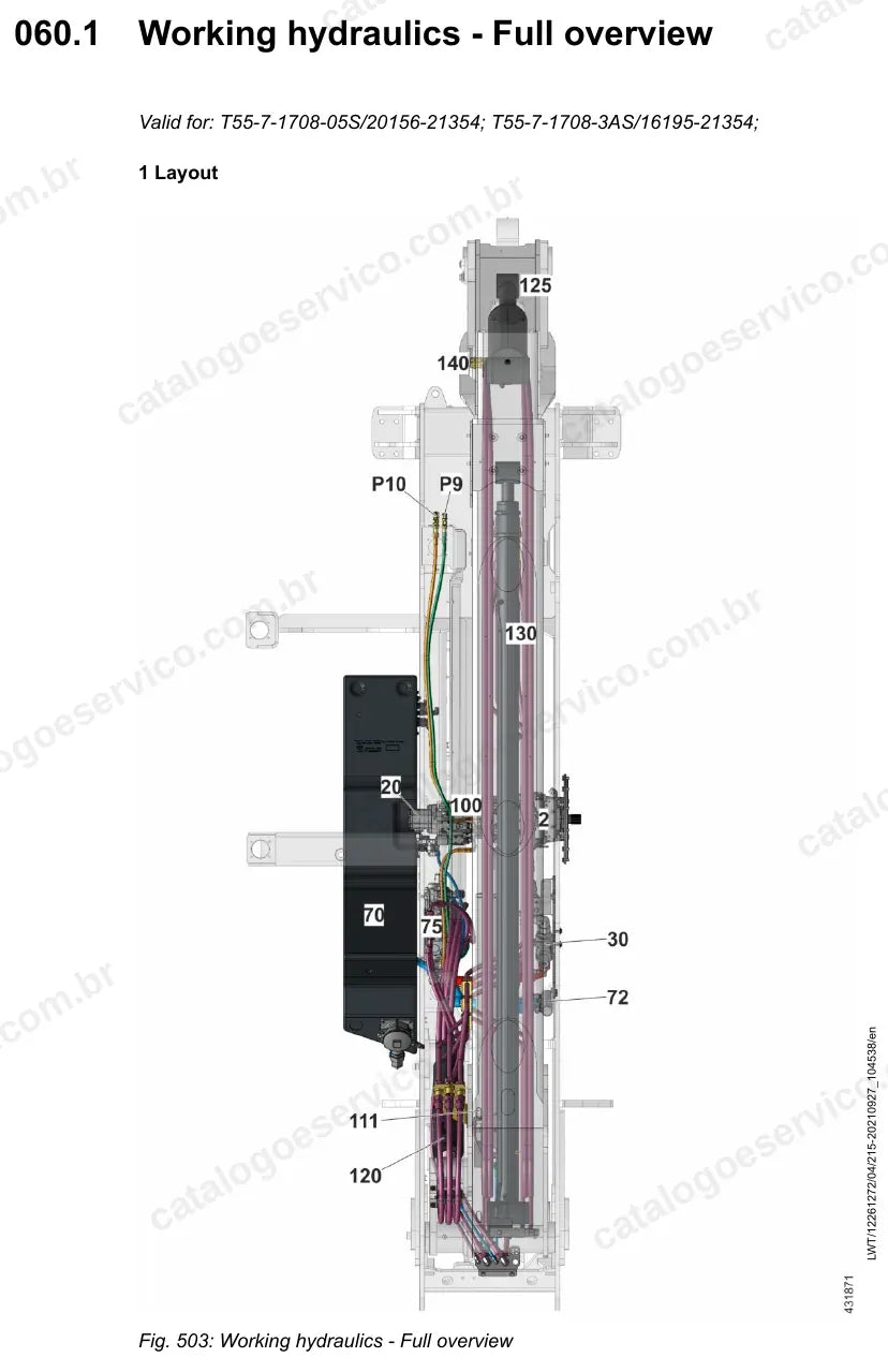 Visão geral da hidráulica de trabalho do T 55-7 05S