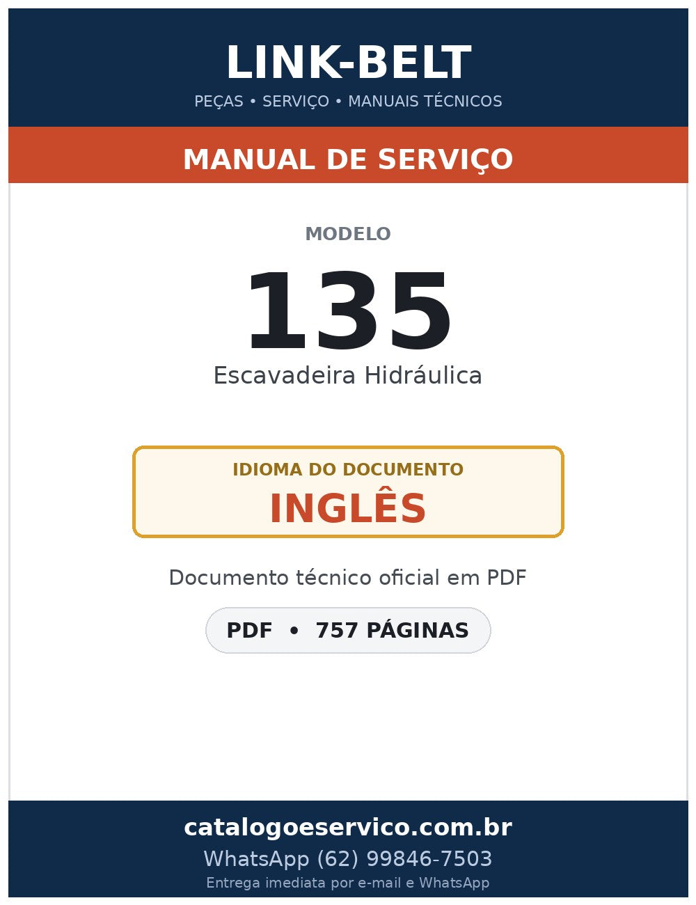 Manual de Serviço Link-Belt 135 Escavadeira Hidráulica