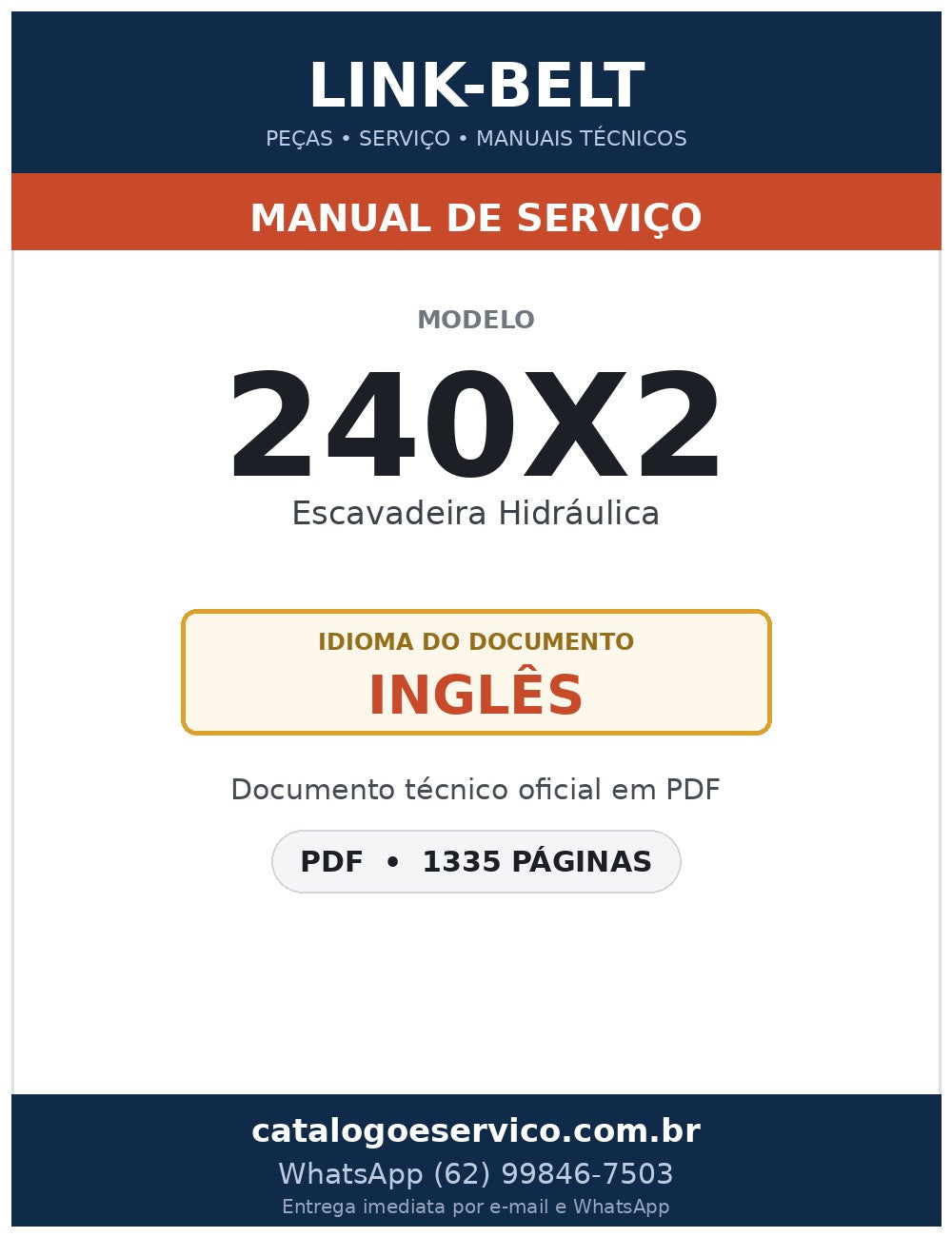 Manual de Serviço Link-Belt 240X2 Escavadeira Hidráulica