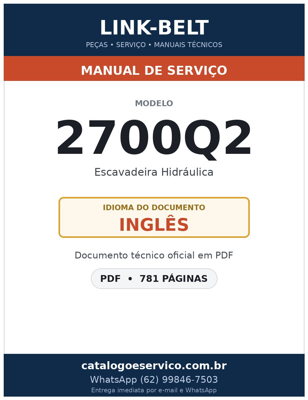 Manual de Serviço Link-Belt 2700Q2 Escavadeira Hidráulica