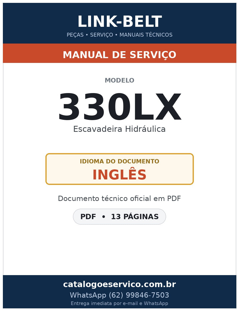 Manual de Serviço Link-Belt 330LX Escavadeira Hidráulica