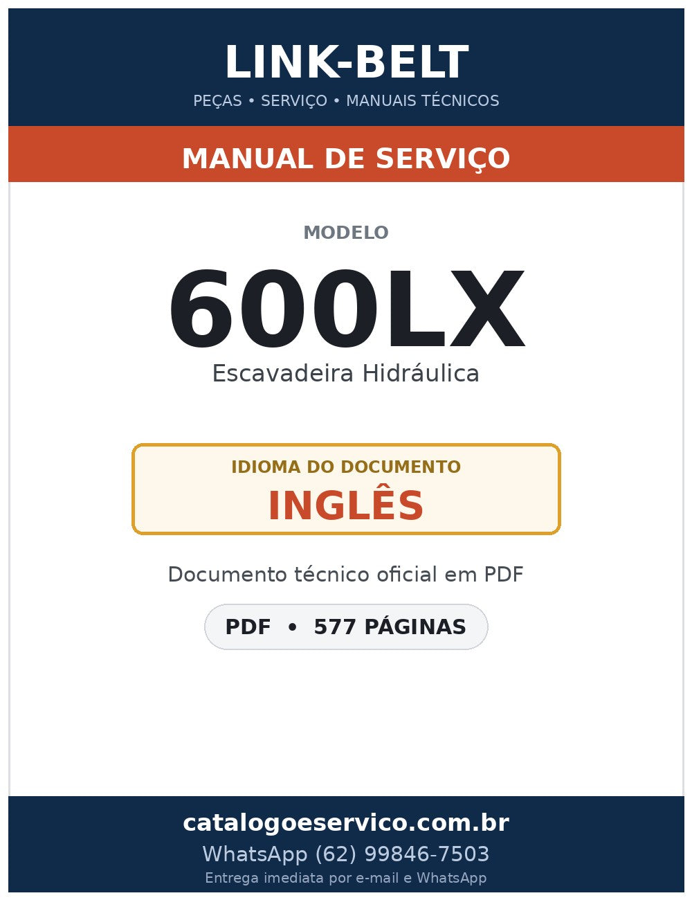 Manual de Serviço Link-Belt 600LX Escavadeira Hidráulica