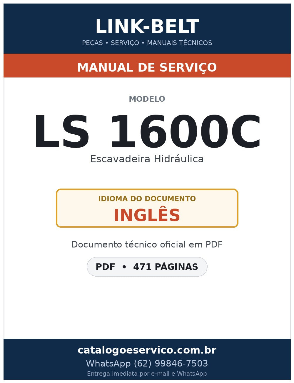 Manual de Serviço Link-Belt LS 1600C Escavadeira Hidráulica