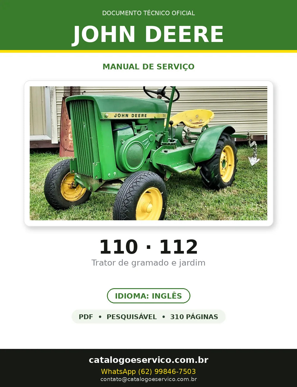 Manual de Serviço John Deere 110 · 112 em PDF — capa do documento técnico (310 páginas, Inglês)