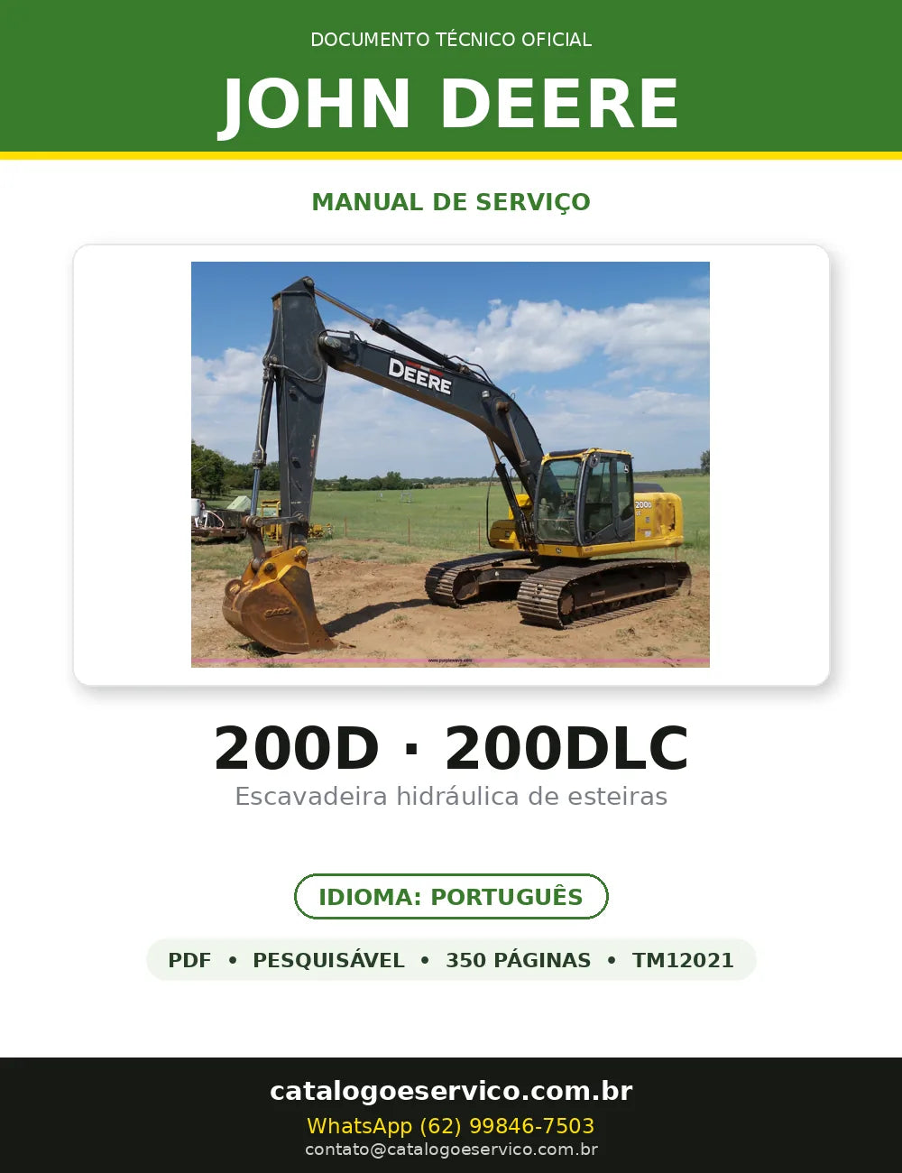 Manual de Serviço John Deere 200DLC em PDF — capa do documento técnico (350 páginas, Português)