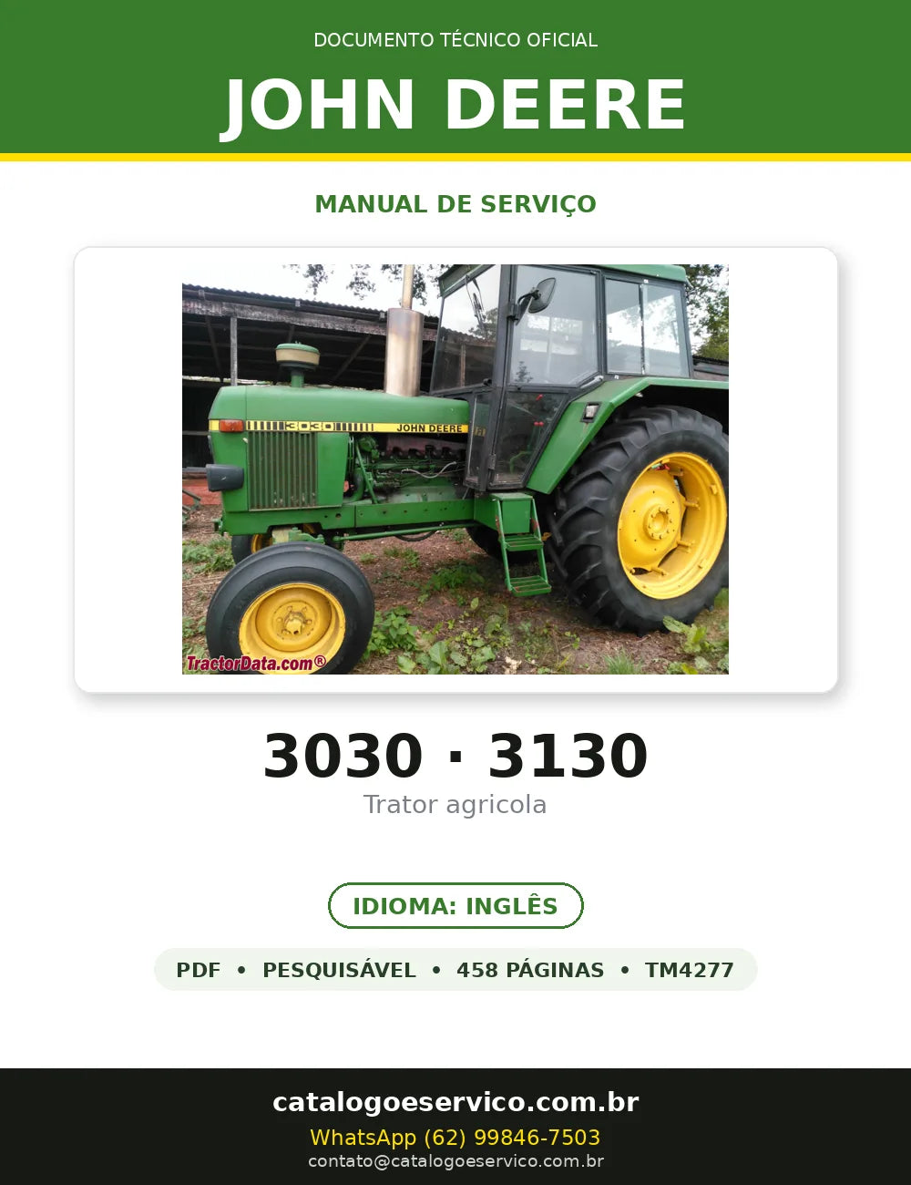 Manual de Serviço John Deere 3030 · 3130 em PDF — capa do documento técnico (458 páginas, Inglês)