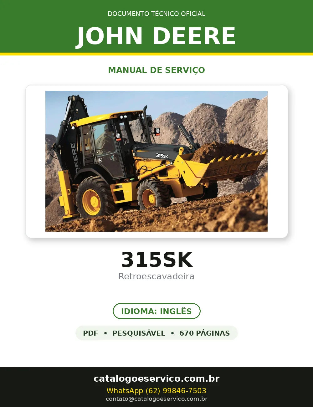 Manual de Serviço John Deere 315SK em PDF — capa do documento técnico (670 páginas, Inglês)