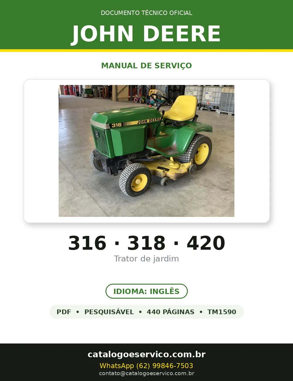 Manual de Serviço John Deere 316 · 318 · 420 em PDF — capa do documento técnico (440 páginas, Inglês)