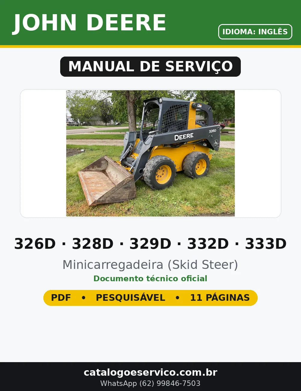 Manual de Serviço John Deere 326D · 328D · 329D · 332D · 333D em PDF — capa do documento técnico (11 páginas, Inglês)
