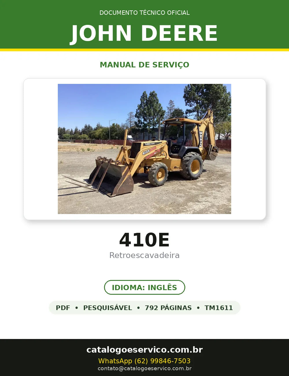 Manual de Serviço John Deere 410E em PDF — capa do documento técnico (792 páginas, Inglês)