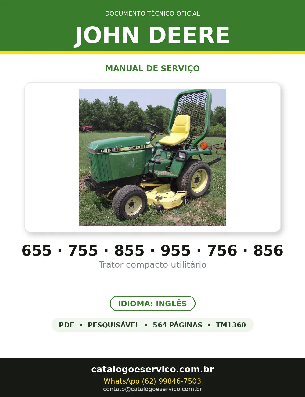 Manual de Serviço John Deere 655 · 755 · 855 · 955 · 756 · 856 em PDF — capa do documento técnico (564 páginas, Inglês)
