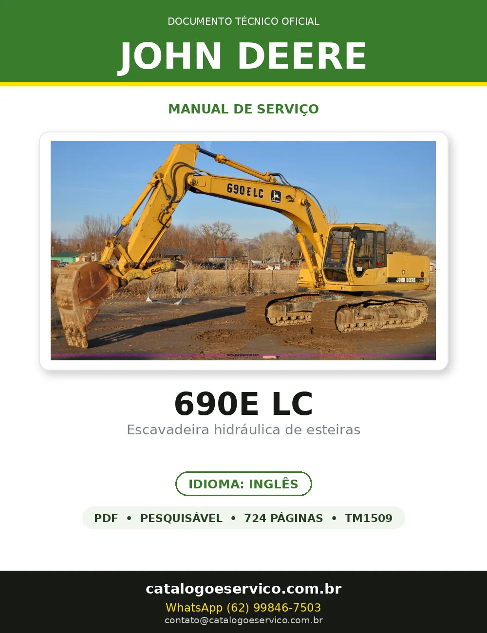 Manual de Serviço John Deere 690E LC em PDF — capa do documento técnico (724 páginas, Inglês)