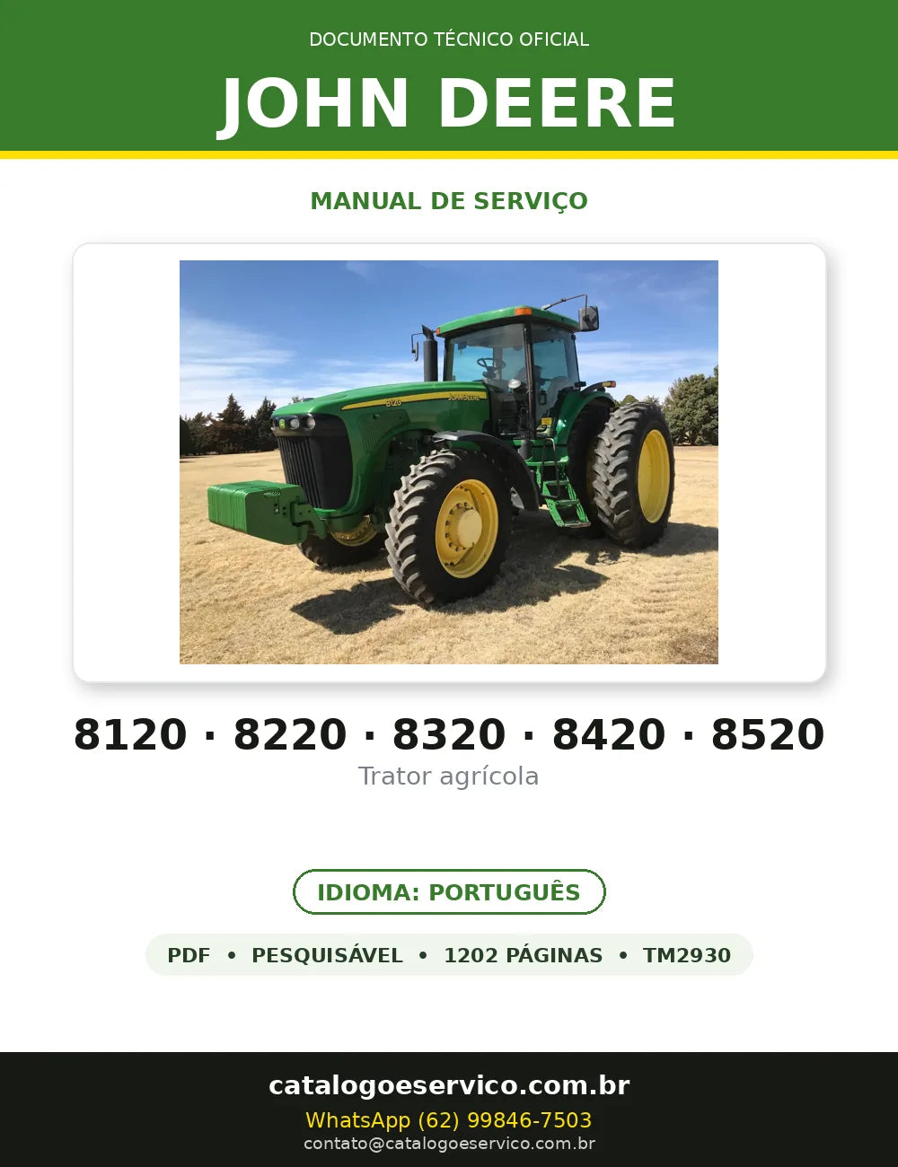 Manual de Serviço John Deere 8120 · 8220 · 8320 · 8420 · 8520 em PDF — capa do documento técnico (1202 páginas, Português)