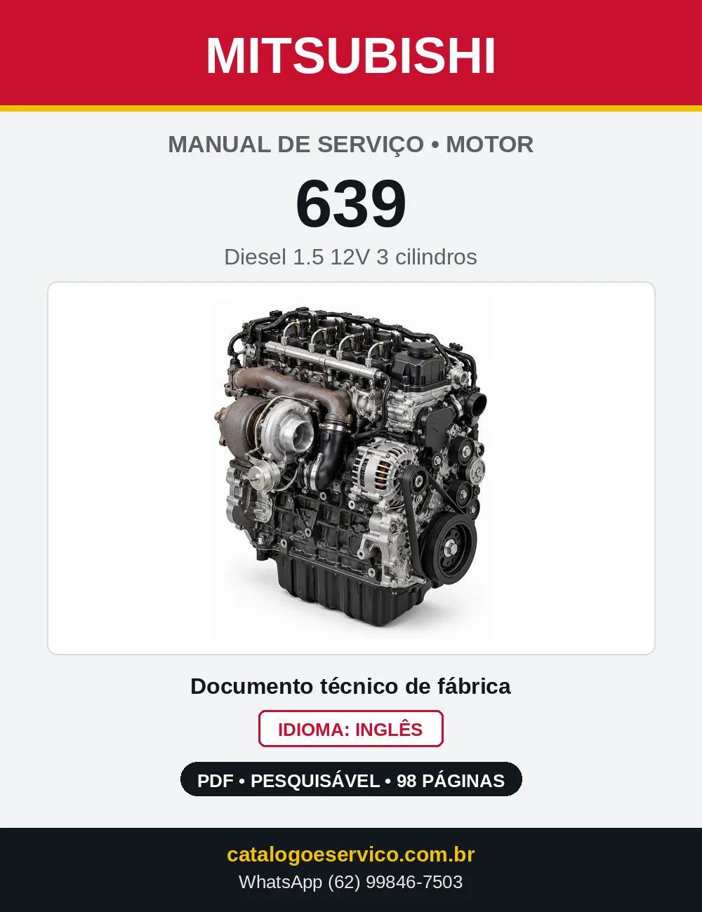 Capa do manual de serviço do motor 639 1.5 Diesel 12V (Mitsubishi Colt) em PDF