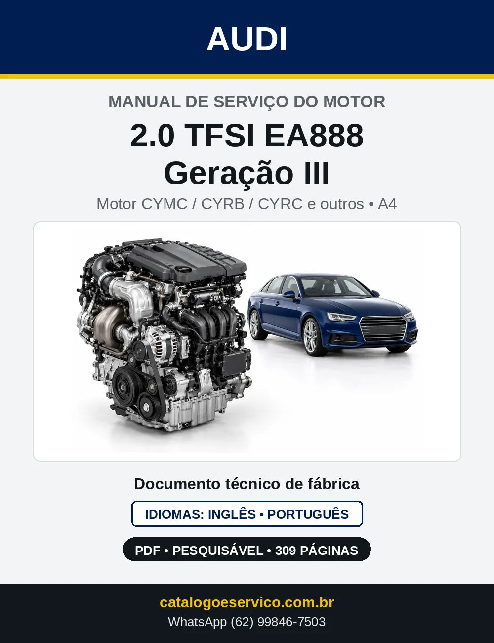 Capa do manual de serviço do motor 2.0 TFSI EA888 Geração III (CYMC) — Audi A4 e A5 em PDF