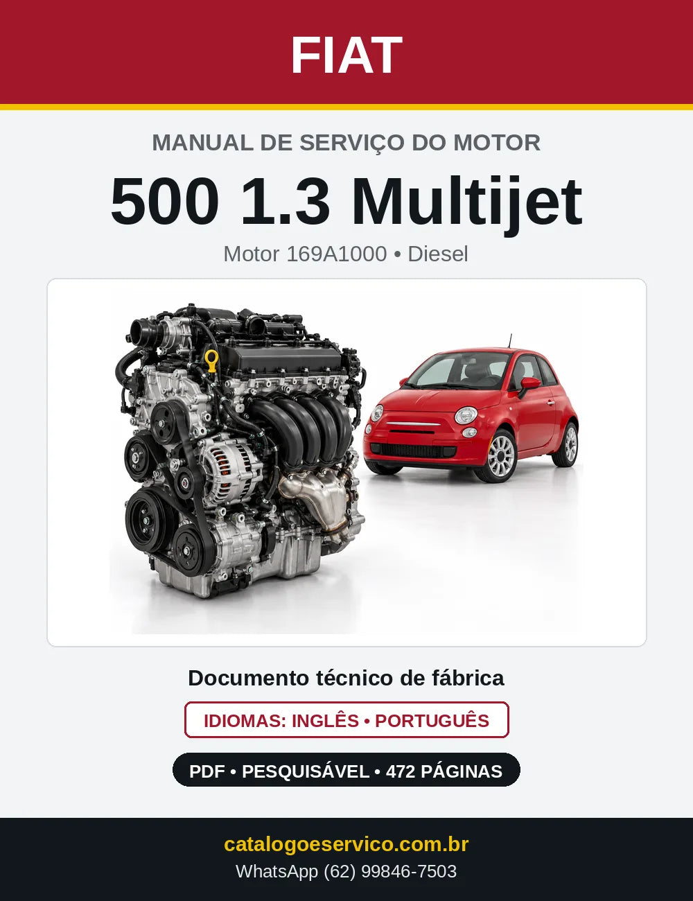 Capa do manual de serviço do motor Fiat 500 1.3 Multijet em PDF