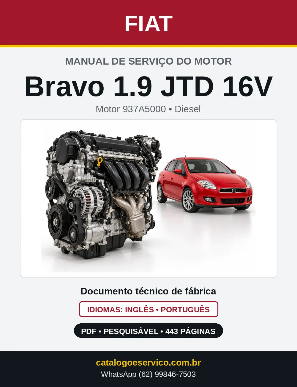 Capa do manual de serviço do motor Fiat Bravo 1.9 JTD 16V em PDF
