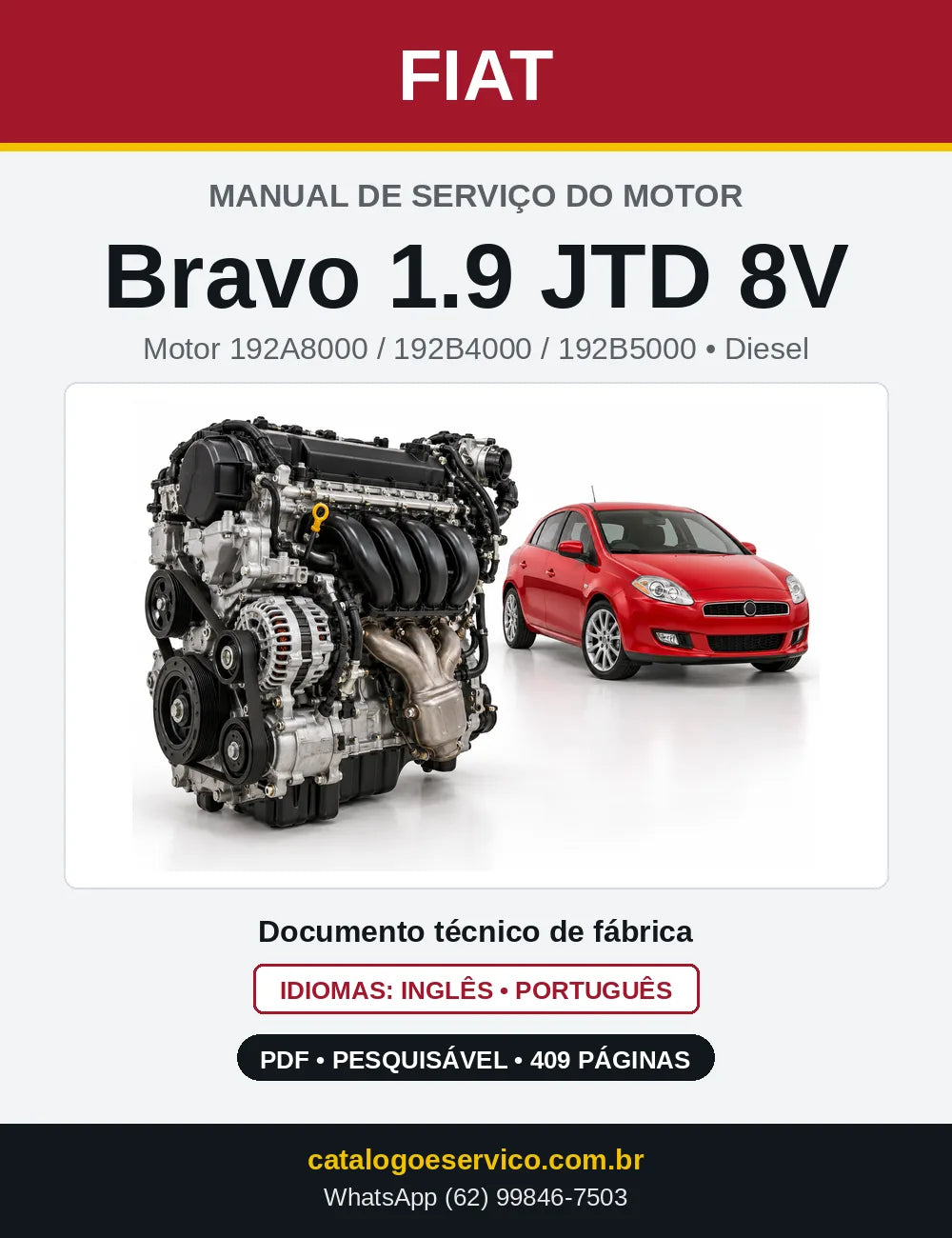 Capa do manual de serviço do motor Fiat Bravo 1.9 JTD 8V em PDF