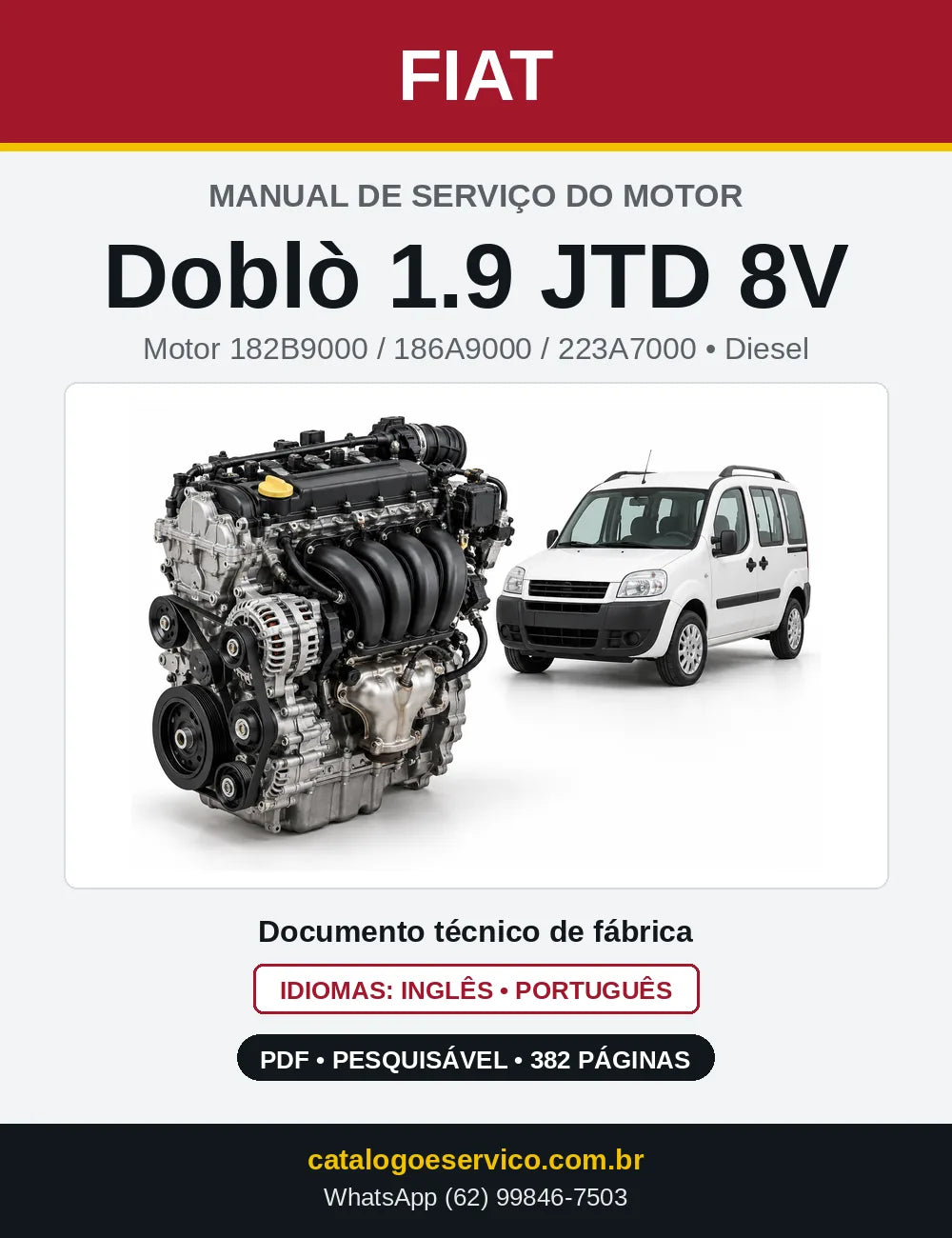 Capa do manual de serviço do motor Fiat Doblò 1.9 JTD 8V em PDF