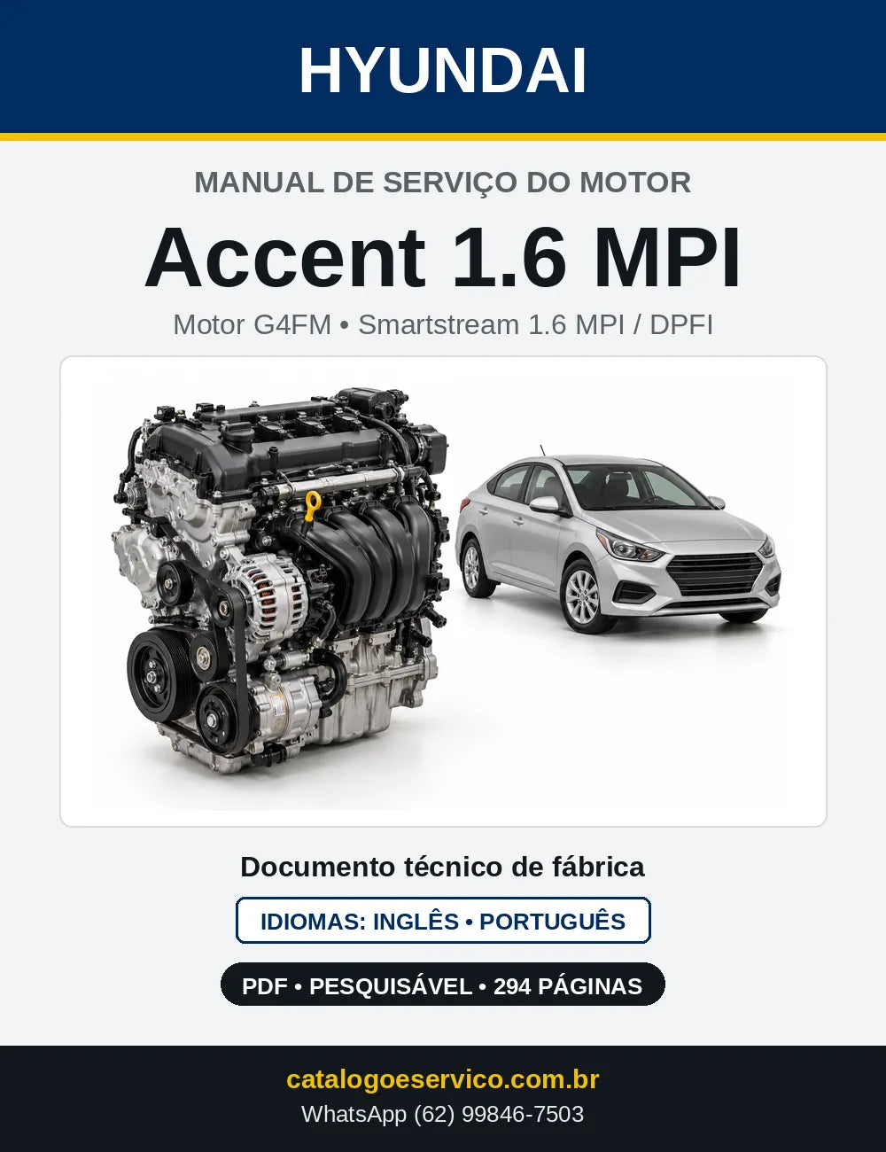 Capa do manual de serviço do motor Hyundai Accent 1.6 MPI Smartstream em PDF