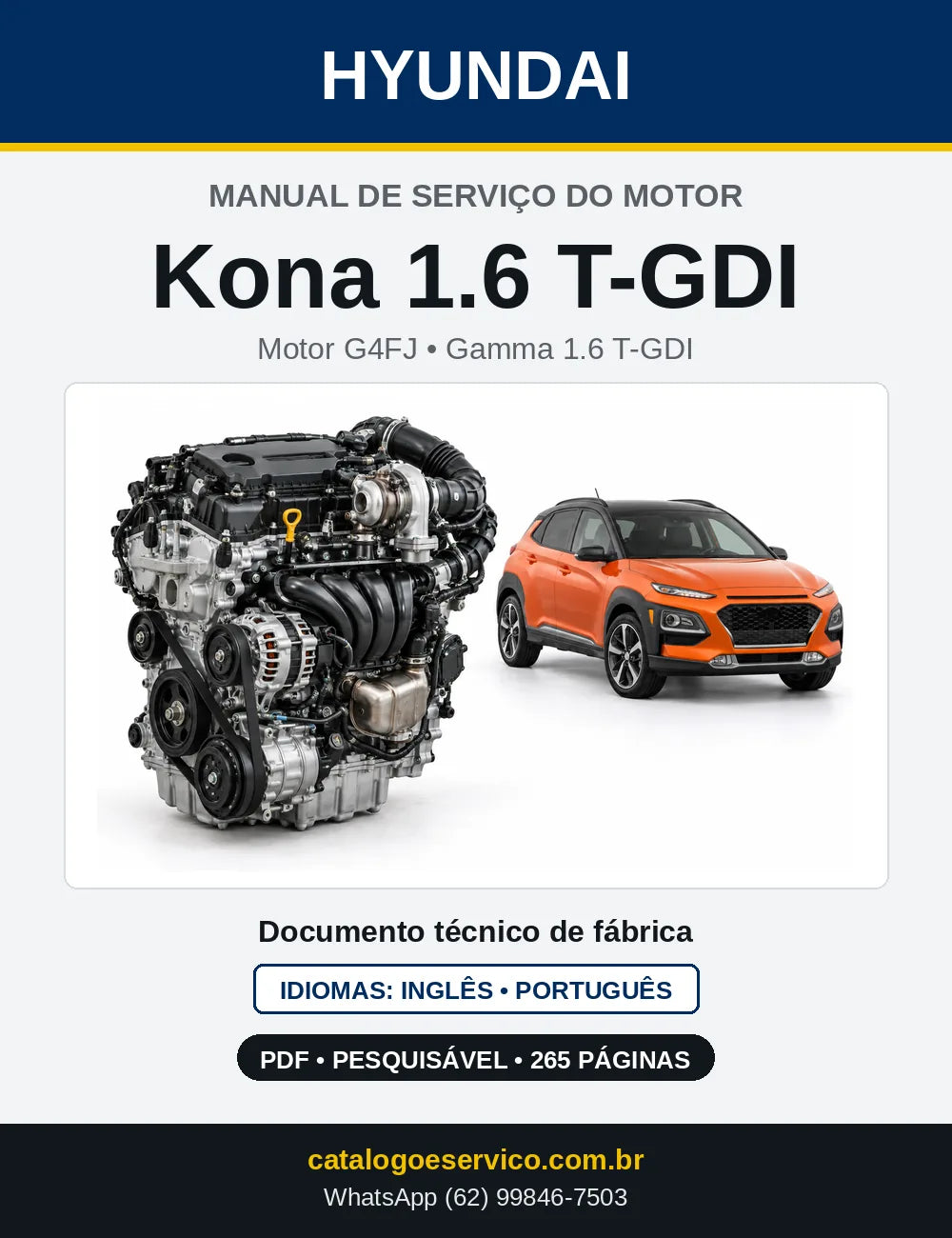 Capa do manual de serviço do motor Hyundai Kona 1.6 T-GDI em PDF