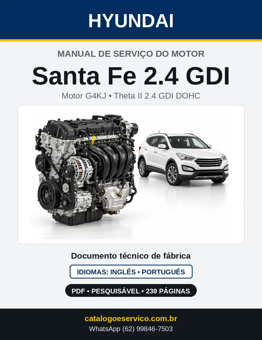 Capa do manual de serviço do motor Hyundai Santa Fe 2.4 GDI em PDF