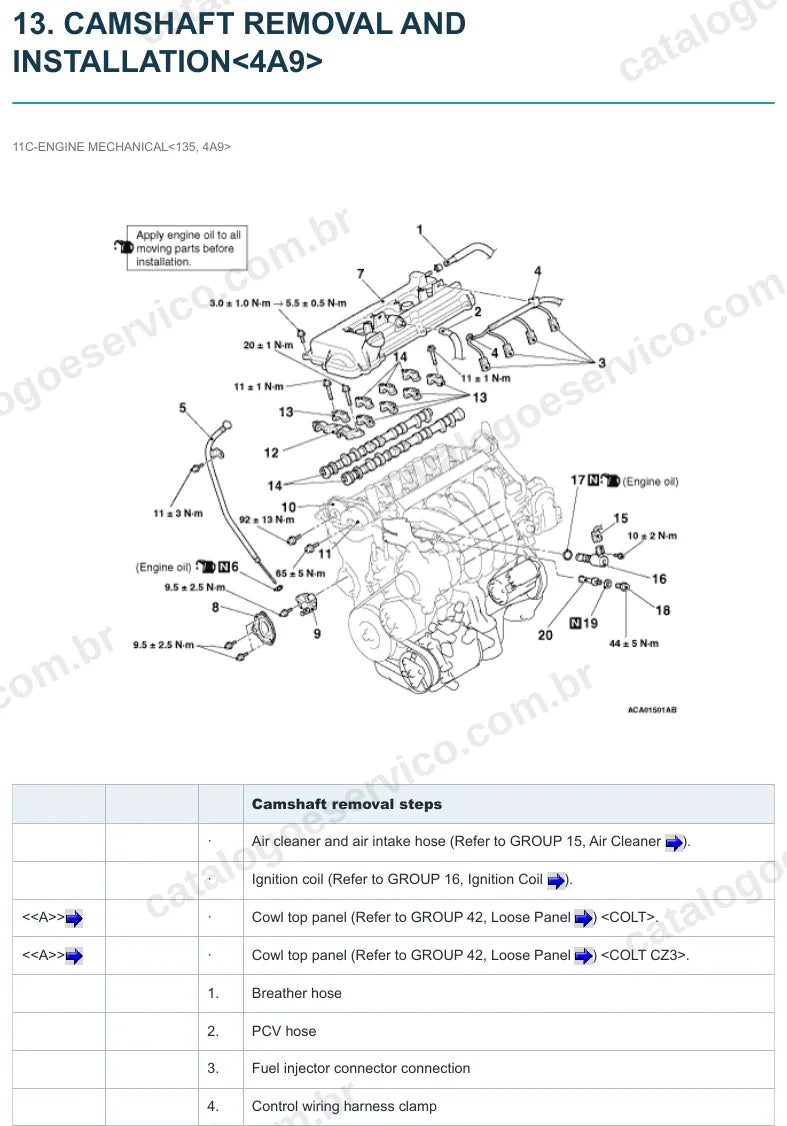 Página ilustrada do manual de serviço do motor Mitsubishi 4A90 1.3 16V — figura 1