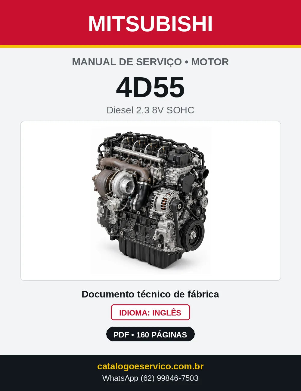 Capa do manual de serviço do motor Mitsubishi 4D55 2.3 Diesel 8V em PDF