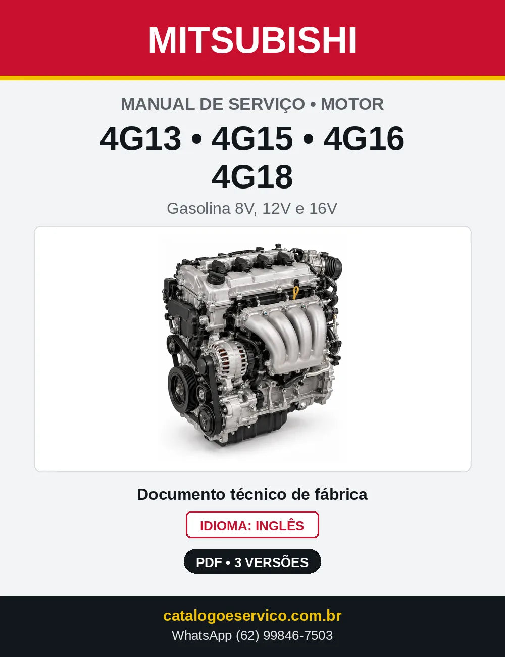 Capa do manual de serviço do motor Mitsubishi 4G13, 4G15, 4G16 e 4G18 8V, 12V e 16V em PDF