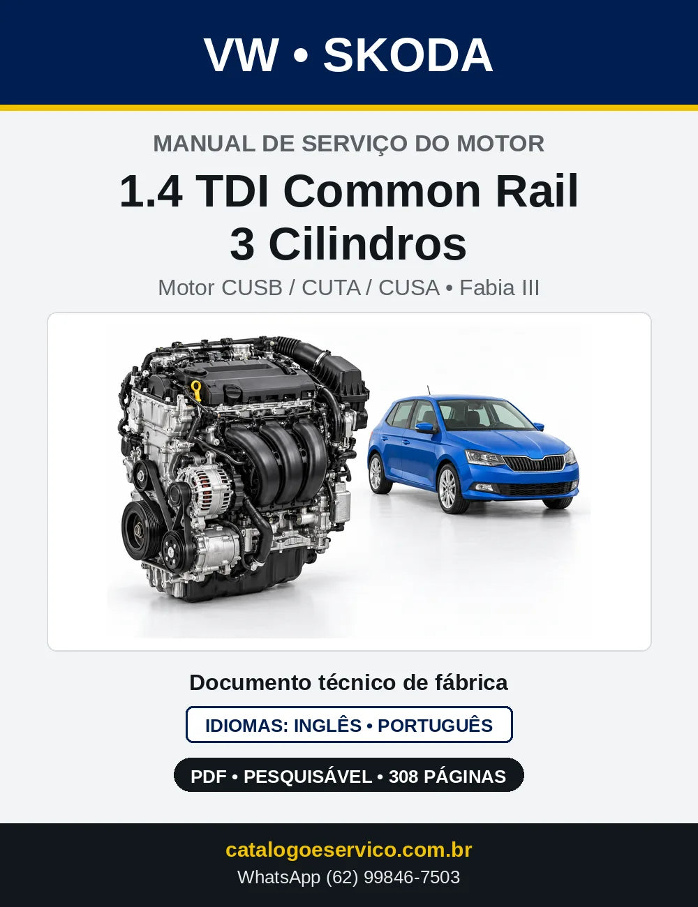 Capa do manual de serviço do motor 1.4 TDI Common Rail 3 Cilindros (CUSB) — Skoda Fabia III e Rapid em PDF