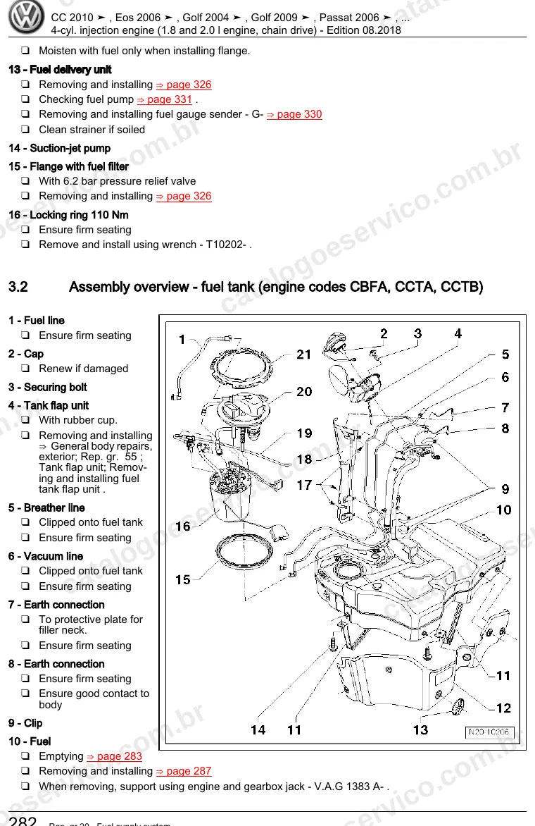 Página ilustrada do manual de serviço do motor 1.8 e 2.0 TSI EA888 (CAWA) — CC, Eos e Golf — figura 2